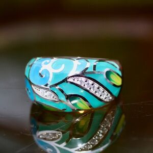Handmade Teal Green Leaves Enamel Ring Sterling Silver 925  , Wide Band